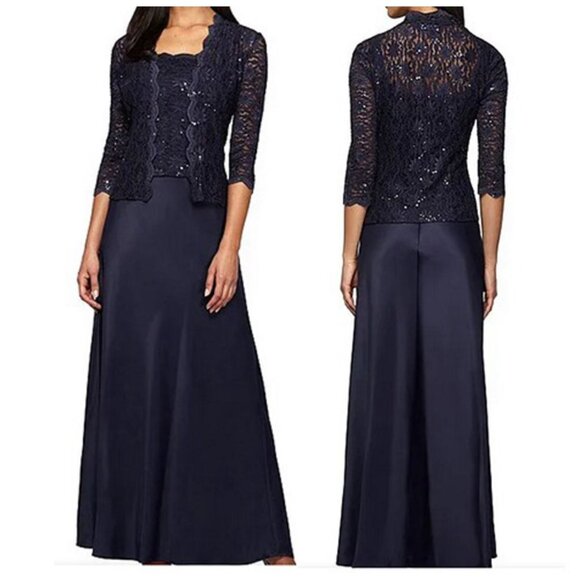 Alex Evenings Sequin Embellished Floral Lace Square Neck 2-Piece Jacket Gown 14 - Picture 1 of 13